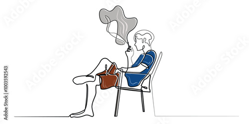 line art drawing of man sitting on wooden chair and smoking.vector illustration.isolated white background