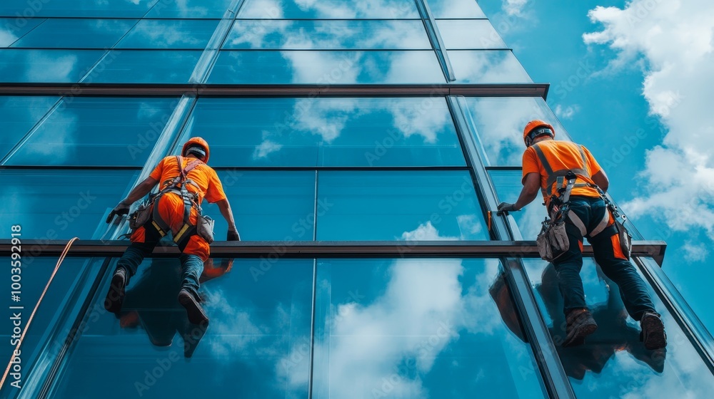 Fototapeta premium Glaziers skillfully installing expansive glass panels on a modern building structure