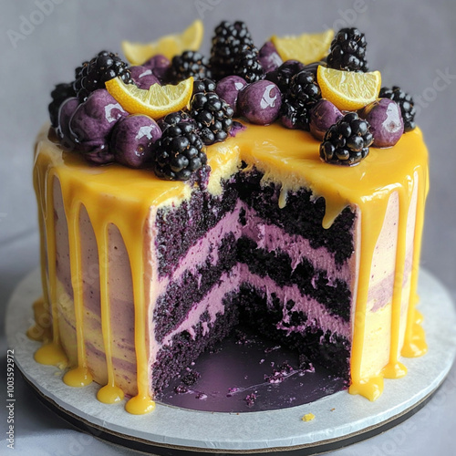 Blackberry Lemon Drip Cake half piece photo