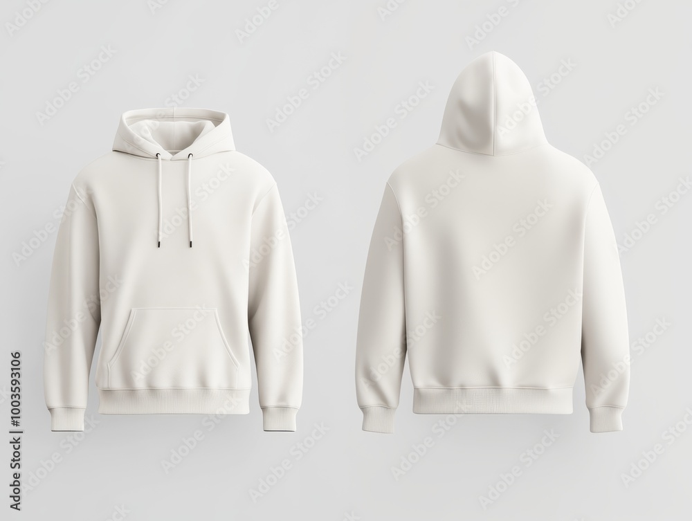 White hoodie template A 3D rendering of a sweatshirt with a hood long sleeves and cuffs shown from the front and back view Isolated on a clean contrast colorful background ideal for design mockups 