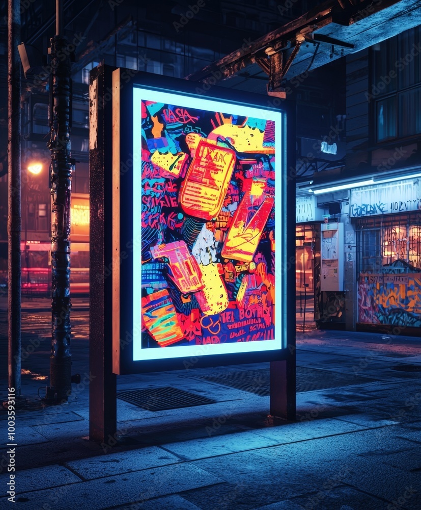 Obraz premium Vibrant Neon Cityscape Advertisement Billboard at Night