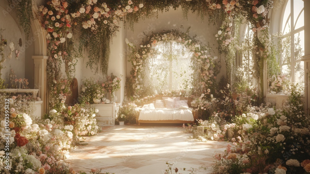 A room with a bed and lots of flowers A room with a bed and lots of flowers