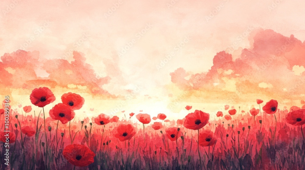 Obraz premium Beautiful Watercolor Painting of a Poppy Field at Sunset with Vibrant Red Flowers and a Warm, Glowing Sky