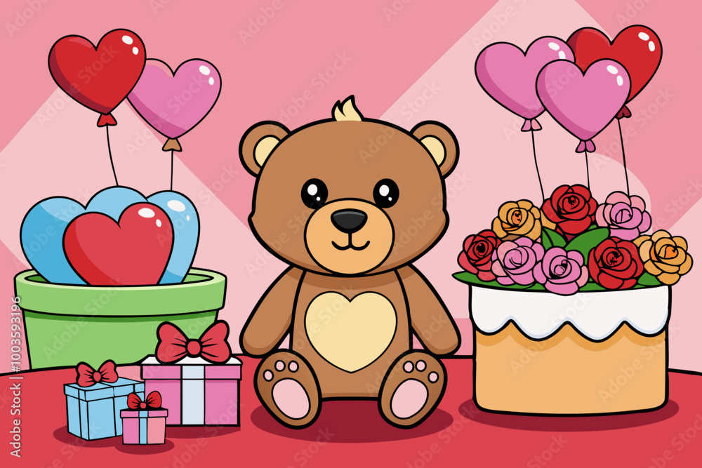 Fototapeta premium Cute Teddy Bear with a Flower Bouquet and Balloons for Valentine's Day