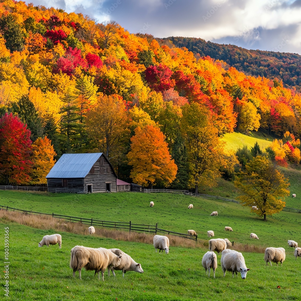 Autumn farm scene with colorful trees. Autumn farm scene with colorful trees.