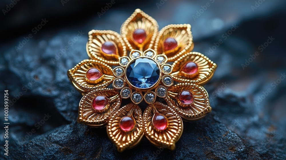 Gold jewelry brooch featuring a mandala design. Gold jewelry brooch featuring a mandala design.