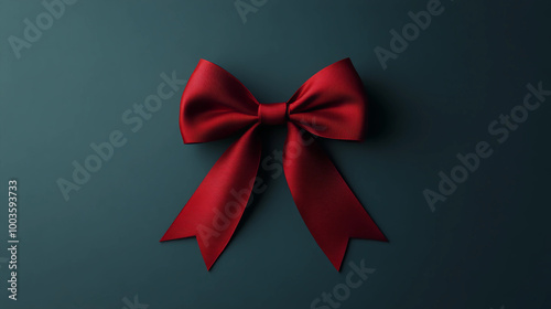 Red bow on dark blue background. Top view.