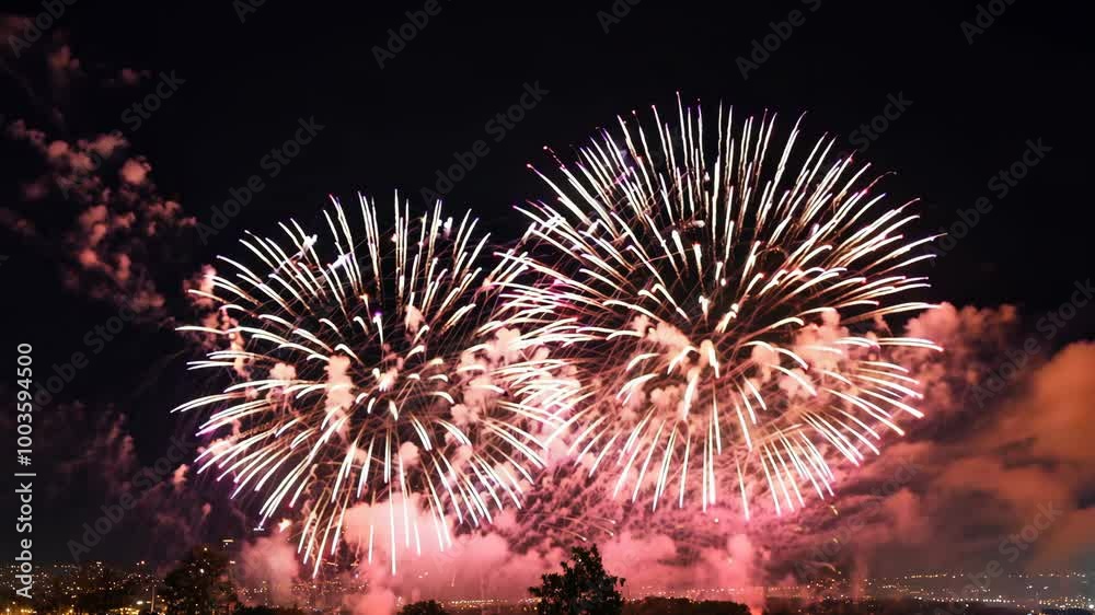Luminous Fireworks: A Vibrant Night Spectacle With Explosive Sparks and Slow Motion Illumination Luminous Fireworks: A Vibrant Night Spectacle With Explosive Sparks and Slow Motion Illumination
