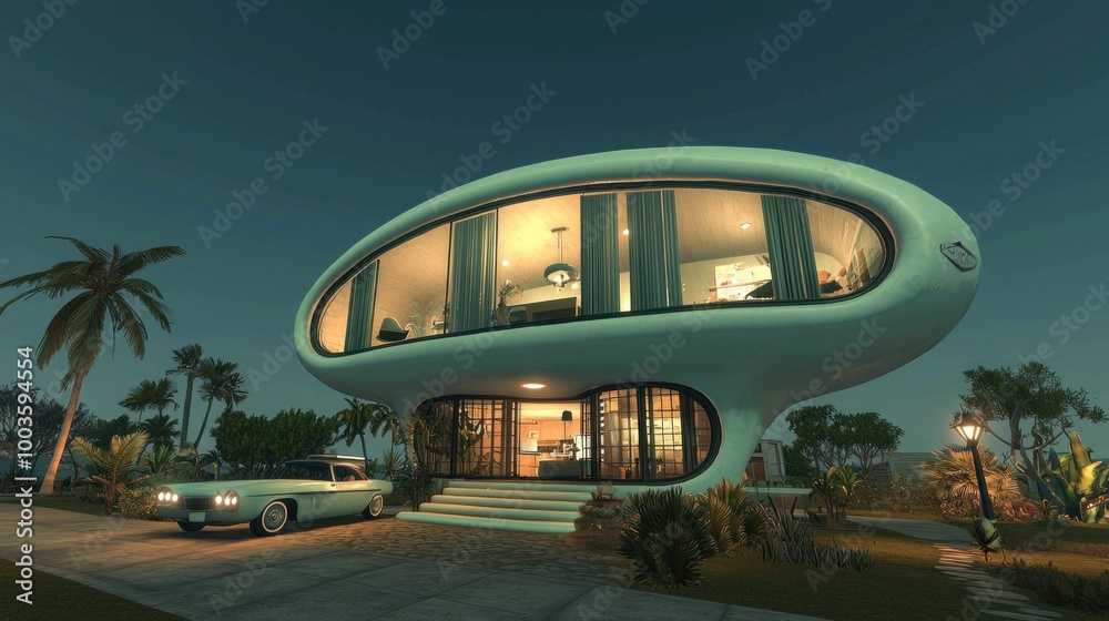 Naklejka premium Retro Futurism Dreamscape: Where Vintage Comfort Meets Futuristic Wonder