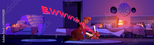 Robbery in room with kid sleep in bed cartoon. Thief character steal chest while children sleeping in bedroom concept. Stranger worried about loud sound panorama graphic. Kids relax and asleep