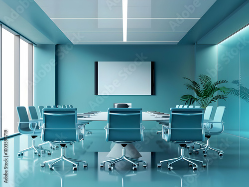 Modern Blue Meeting Room with Whiteboard and Chairs 3D Illustration