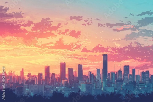 Vibrant Digital of Stunning Futuristic City Skyline at Sunset or Sunrise photo