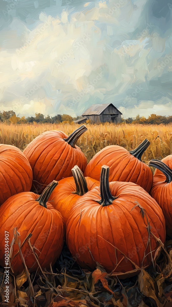 Pumpkins in a field with a barn backdrop Pumpkins in a field with a barn backdrop