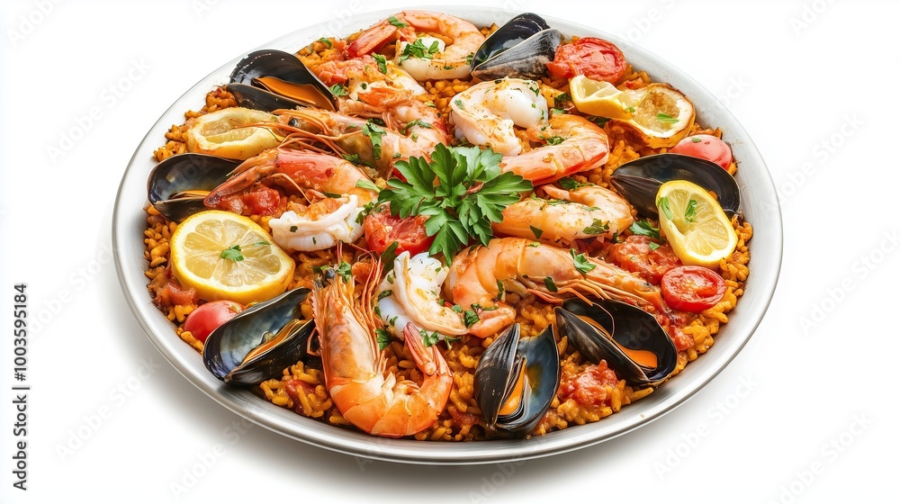 Seafood Paella in a plate on white background Seafood Paella in a plate on white background