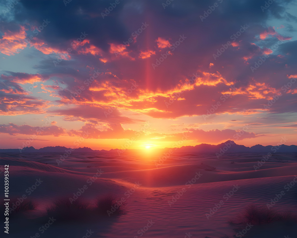Sunset Over Desert Dunes Realistic Image Sunset Over Desert Dunes Realistic Image