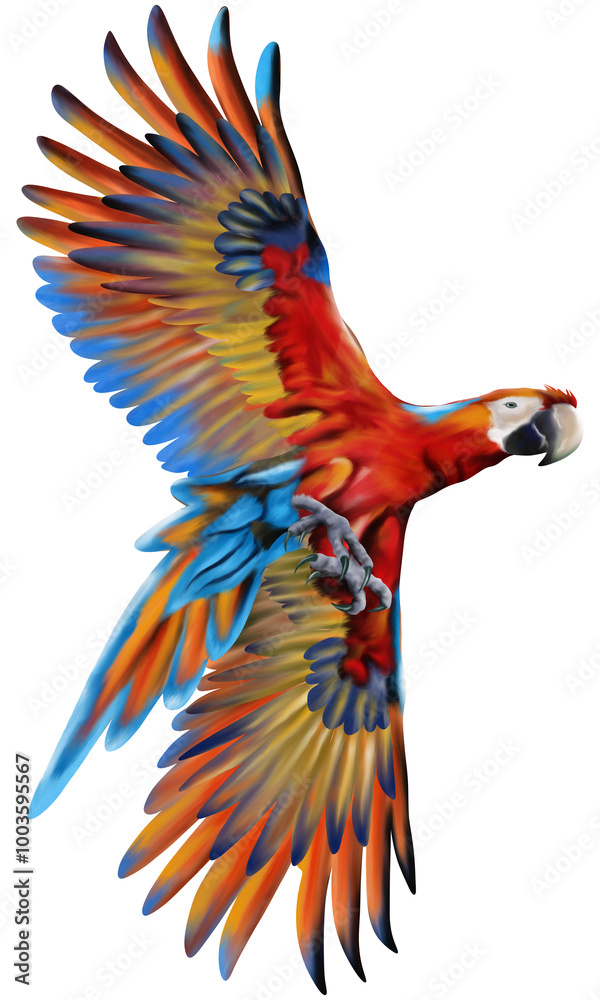 Fototapeta premium Hand drawn watercolor of parrot flying isolated on transparent background