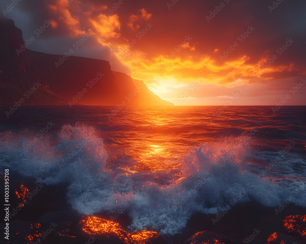 Fiery Sunset Over Ocean With Dramatic Cliff Illustration Fiery Sunset Over Ocean With Dramatic Cliff Illustration