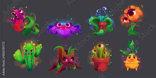 Scary monster plants. Fantasy alien flower vector. Cute and creepy carnivorous creature with mouth and teeth. Comic fantastic flytrap, predatory cactus and glowing garden mascot isolated illustration