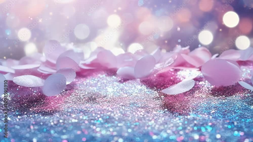 Pink and white flower petals are lying on a glittering surface with round bokeh in the background, creating a festive atmosphere Pink and white flower petals are lying on a glittering surface with round bokeh in the background, creating a festive atmosphere