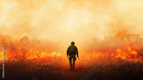 Soldier Advancing Through a War-Torn City Scene