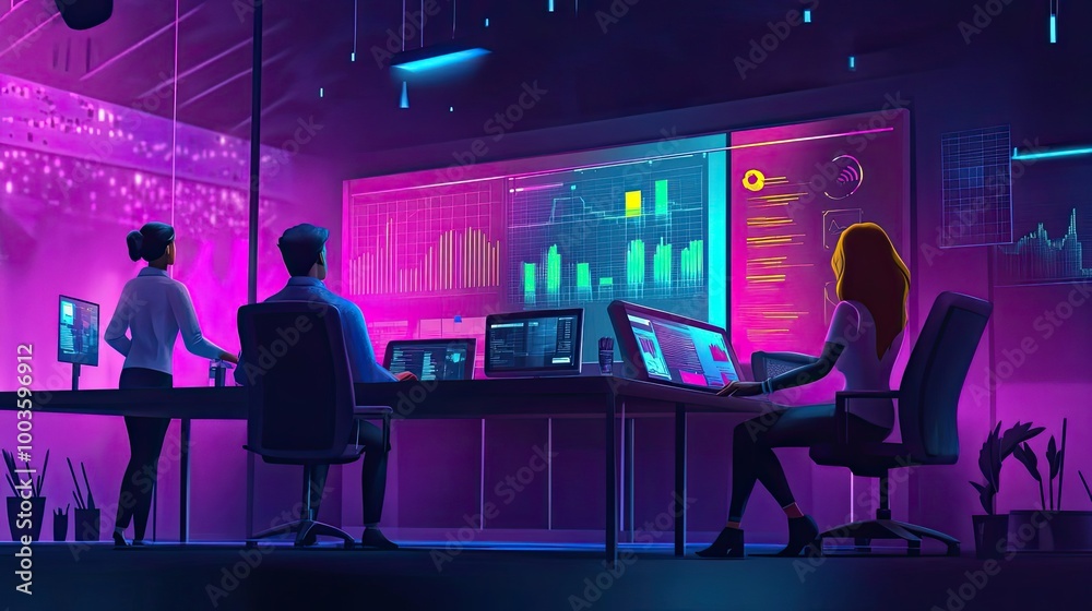 Three People Working in a Modern Tech Office with Neon Lights and Data Screens