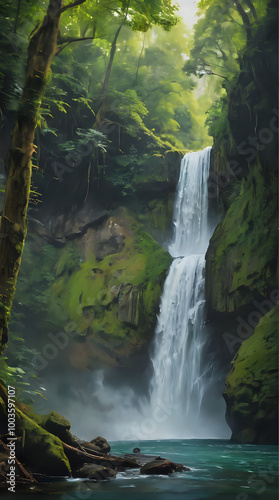 Wallpaper Mural painting of a waterfall in a forest with a green forest Torontodigital.ca