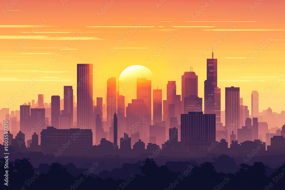 Fototapeta premium Dawn of the City: A Cityscape Sunrise with Skyscrapers Silhouetted Against the Light