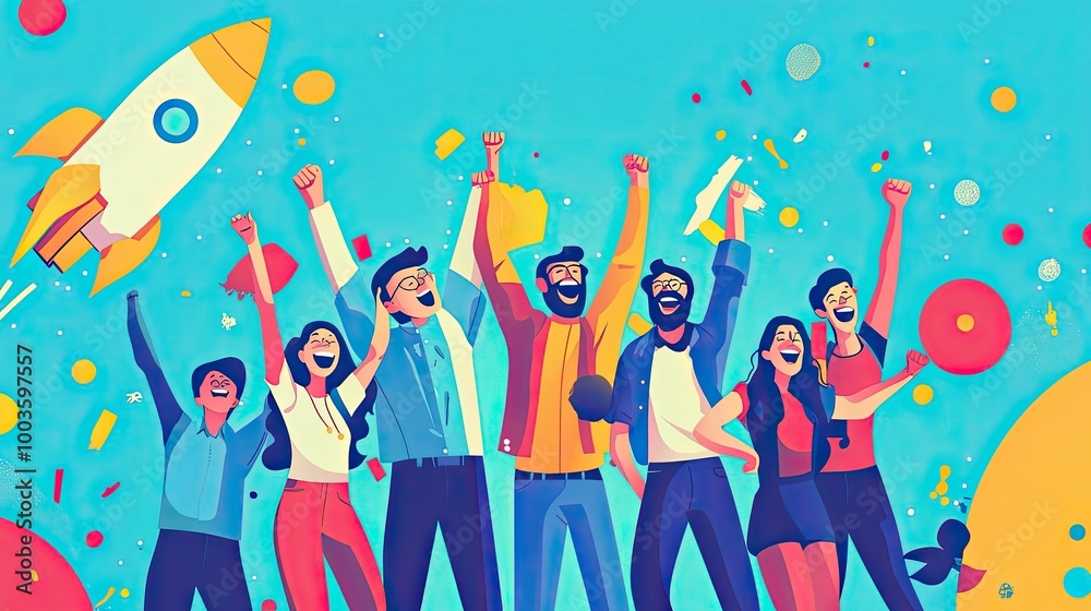 Happy Diverse Group of Friends Celebrating Success with Rocket Happy Diverse Group of Friends Celebrating Success with Rocket