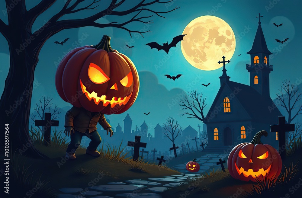 Pumpkin zombie Rising Out Of A Graveyard cemetery and church In Spooky scary dark Night full moon bats on tree. Holiday event halloween banner background Pumpkin zombie Rising Out Of A Graveyard cemetery and church In Spooky scary dark Night full moon bats on tree. Holiday event halloween banner background