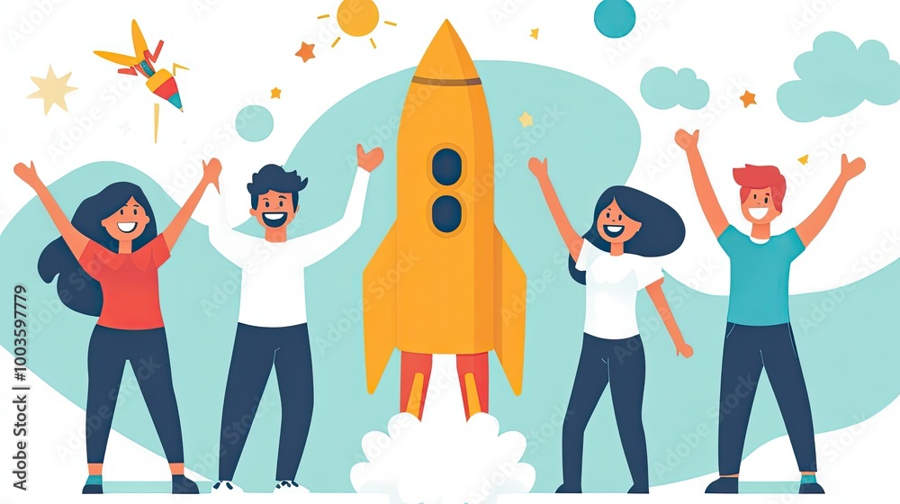 Four Happy People Celebrating With A Rocket In The Background Four Happy People Celebrating With A Rocket In The Background