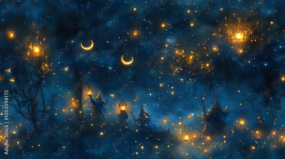 Gnomes under a starry sky, walking through a moonlit forest, holding lanterns with soft golden light, surrounded by glowing fireflies and crescent moons,