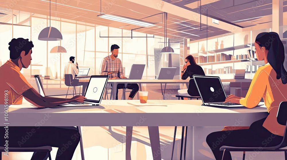 Four People Working on Laptops in a Modern Office Four People Working on Laptops in a Modern Office