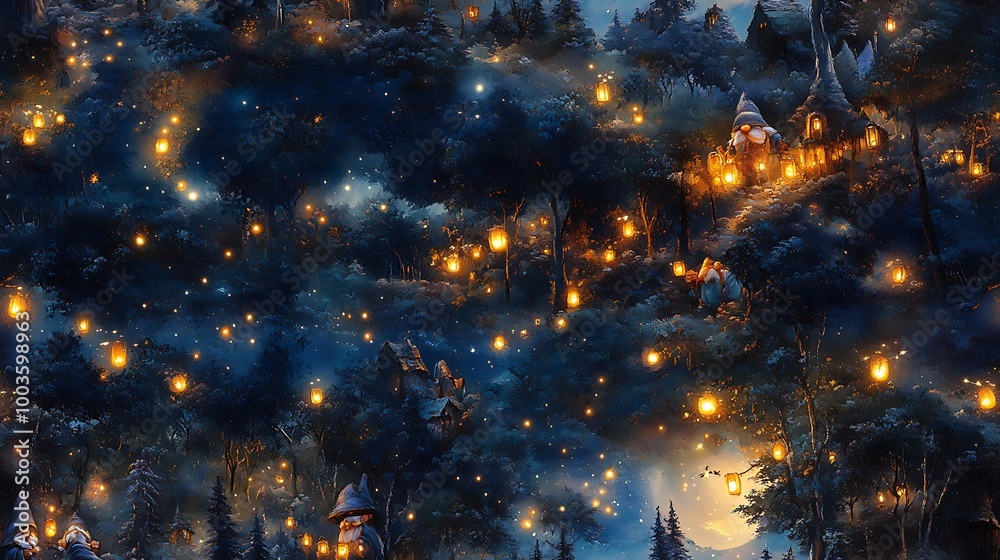 Naklejka premium Gnomes under a crescent moonlit sky, holding glowing lanterns, with fireflies dancing around them and stars twinkling above, a magical nighttime forest scene with rich blues, purples,