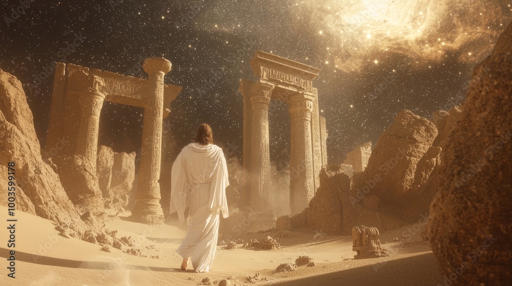 Fototapeta premium Enigmatic Encounter: Jesus in the Desert with Mystical Creatures and Ancient Ruins under a Starry Night Sky
