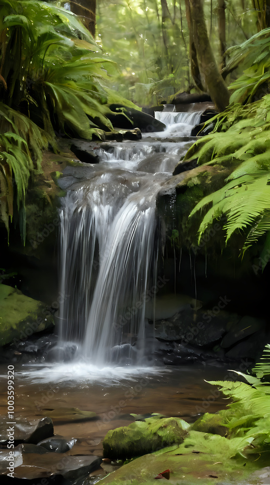 a waterfall in the middle of a forest with lots of green plants a waterfall in the middle of a forest with lots of green plants