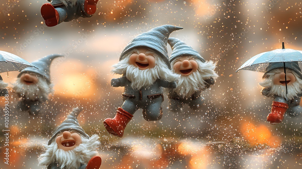 Gnomes with umbrellas and rain boots, joyfully jumping in puddles, surrounded by clouds and gentle rain, soft light and a cozy, whimsical rainy-day atmosphere. --ar 16:9 --no logo --tile Gnomes with umbrellas and rain boots, joyfully jumping in puddles, surrounded by clouds and gentle rain, soft light and a cozy, whimsical rainy-day atmosphere. --ar 16:9 --no logo --tile