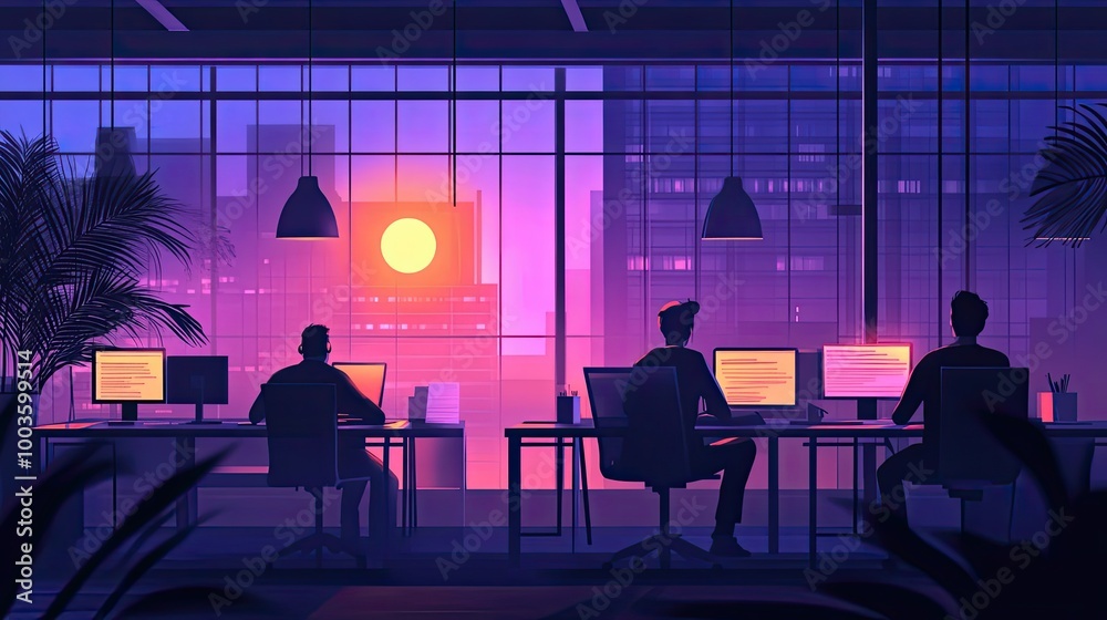 Three Silhouettes Working at Desks in an Office with a Sunset View Three Silhouettes Working at Desks in an Office with a Sunset View