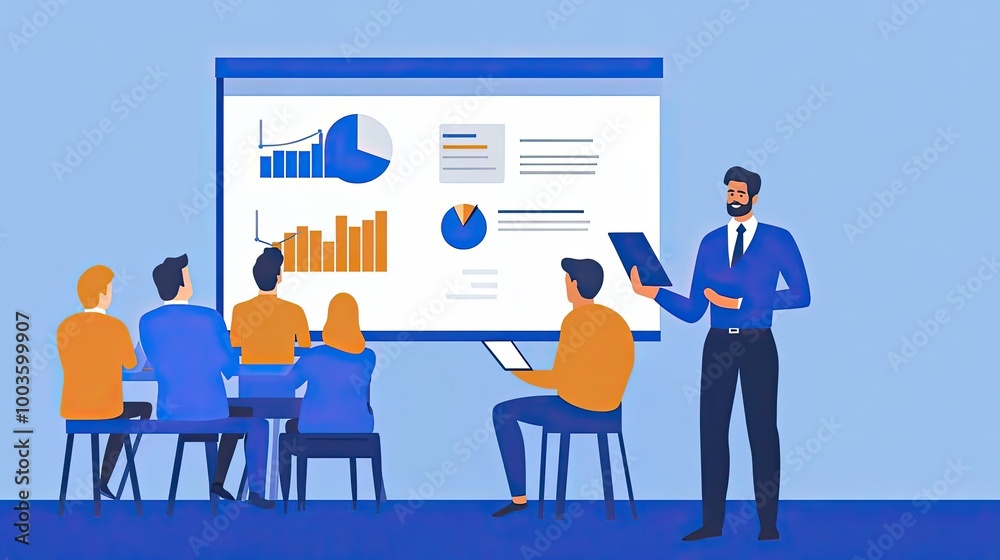 A Businessman Presenting Charts and Graphs to a Group of Attendees A Businessman Presenting Charts and Graphs to a Group of Attendees
