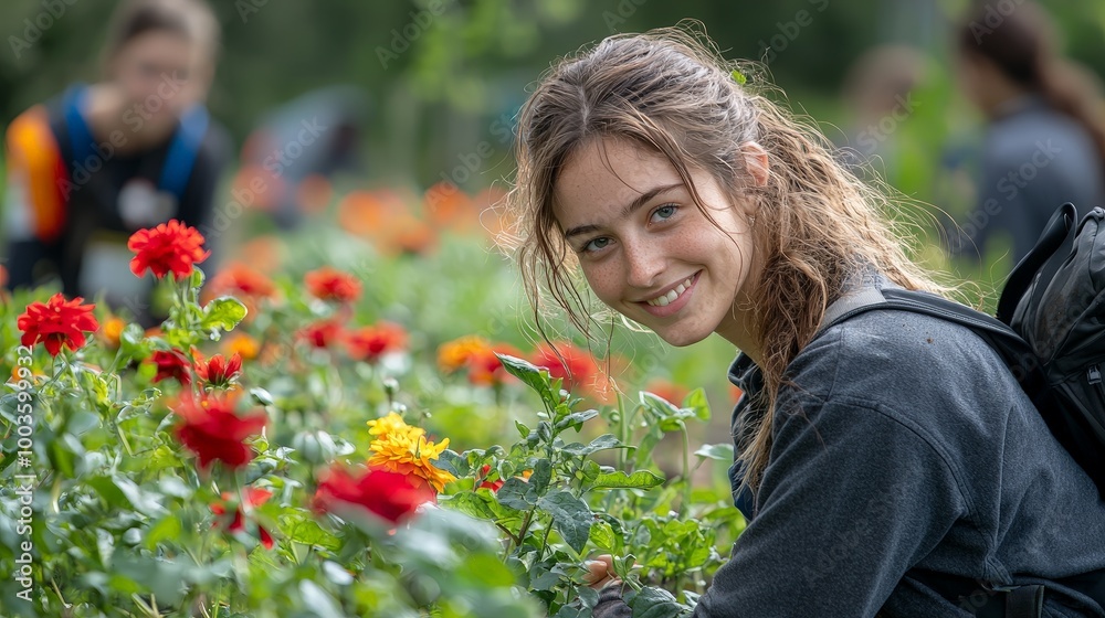 A young woman smiles while tending to vibrant flowers in a garden setting. A young woman smiles while tending to vibrant flowers in a garden setting.