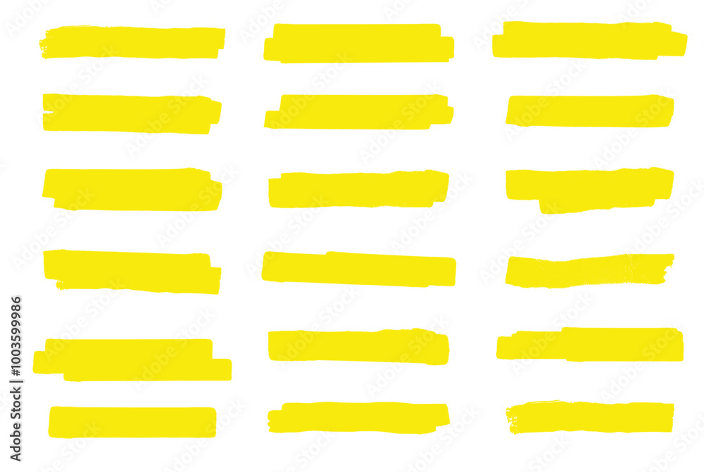 Vector Yellow Highlighter Strokes, Hand Drawn Marker Lines, Brush Pen Underlines, Text Highlight Stripes, Doodle Scribbles, and Watercolor Marker Strokes, Ideal for Digital Art, Illustration, and Desi