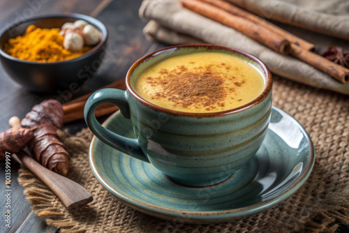 Turmeric Latte with Cinnamon in a Rustic Green Mug - A Nourishing Beverage for Wellness photo