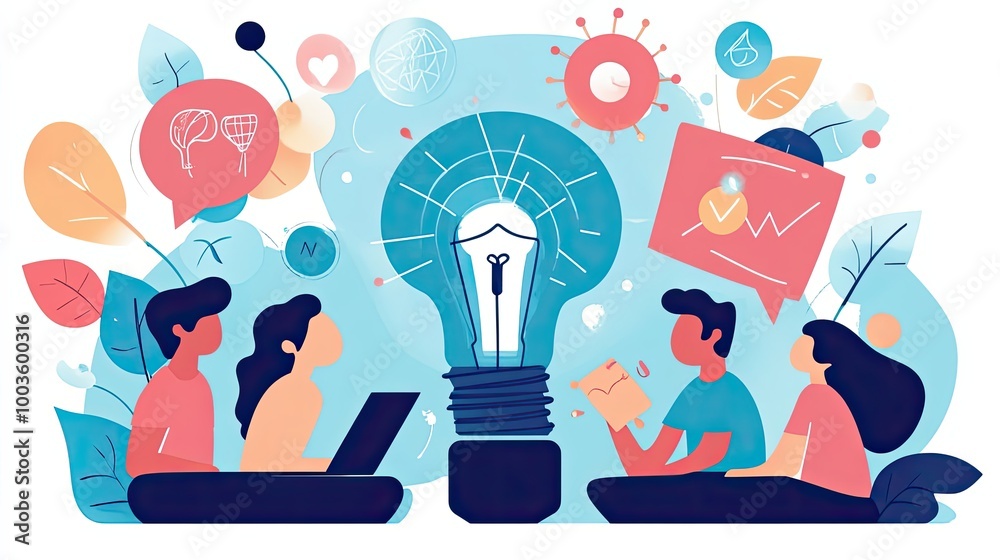 Group of people brainstorming with a glowing lightbulb idea Group of people brainstorming with a glowing lightbulb idea