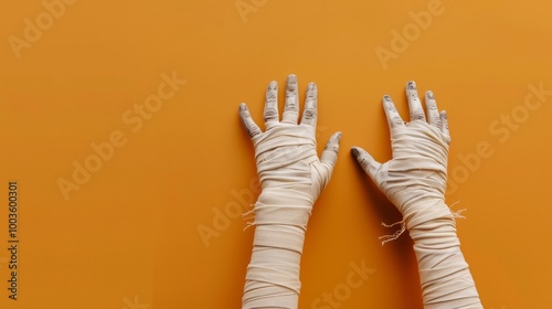 Mummified halloween hands wrapped in bandages against a orange background. Happy halloween banner with copy space photo