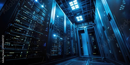 Dimly lit server room featuring vibrant blue machinery packed with extensive data. photo