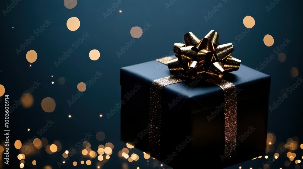 Elegant black gift box with golden bow on sparkling background Elegant black gift box with golden bow on sparkling background