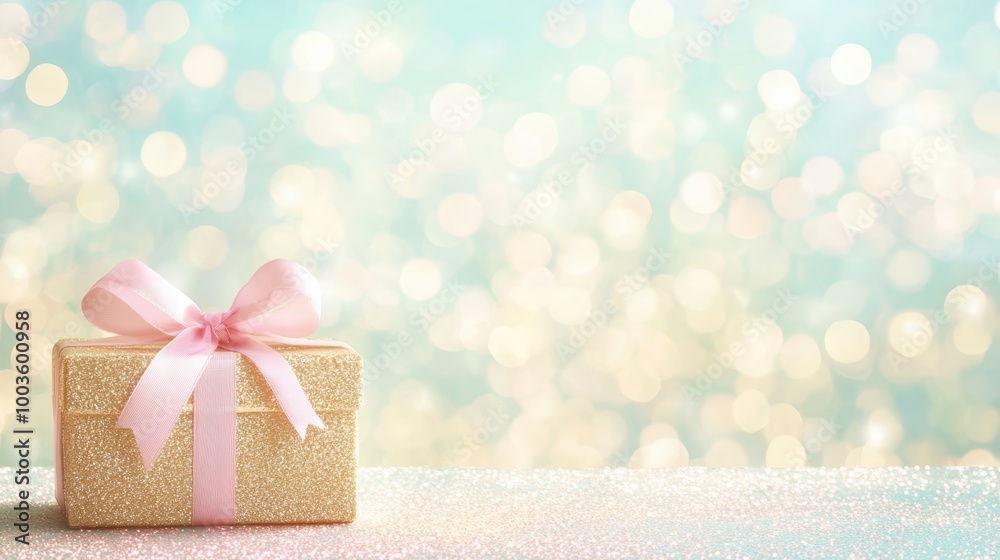 Fototapeta premium Glittering gold gift box with pink ribbon on sparkling background