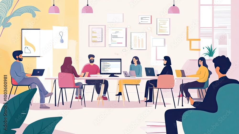 A group of people working together in an office setting A group of people working together in an office setting