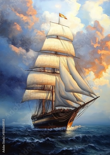 An artistic depiction of a sailboat in motion.