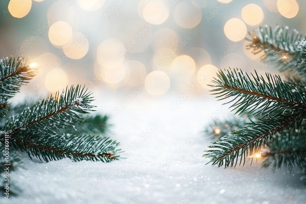 Christmas picture background with fir branches snow and fairy lights. Copy space. stock photo Atmospheric image background with fir branches snow and fairy lights in different depths of field.