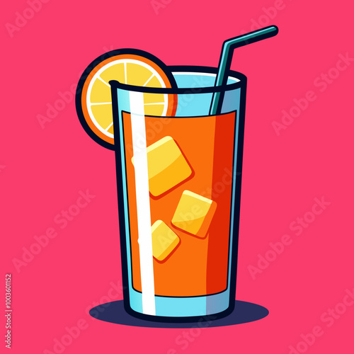 Refreshing Orange Iced Drink with Straw and Ice Cubes in a Tall Glass on a Bright Red Background